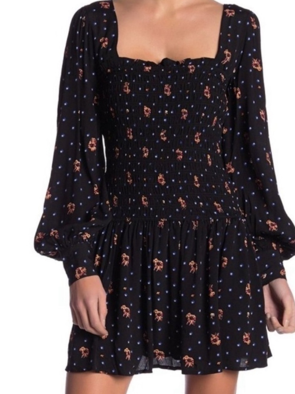 Black Floral Smocked Waist Mini Dress - Free People